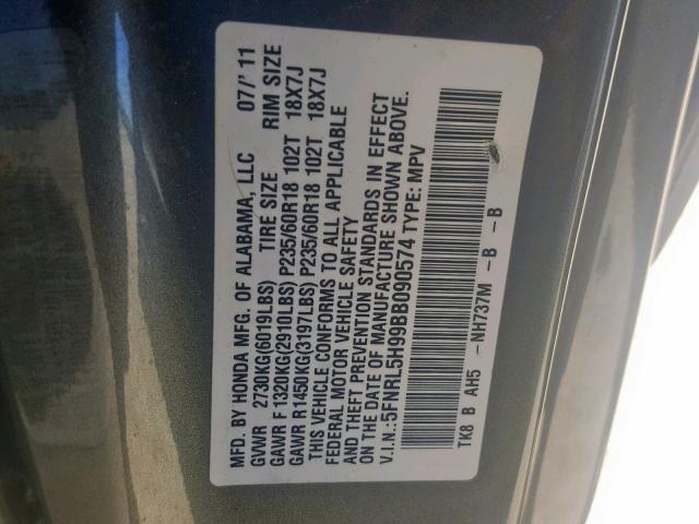 5FNRL5H99BB090574 - 2011 HONDA ODYSSEY TO GRAY photo 10