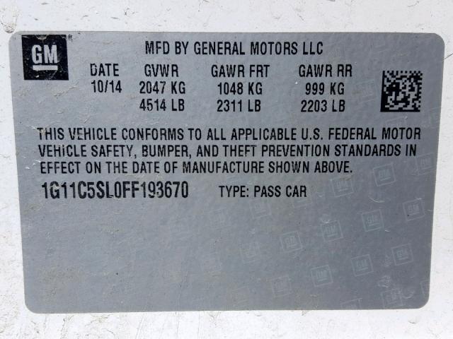 1G11C5SL0FF193670 - 2015 CHEVROLET MALIBU 1LT 白色 照片 10