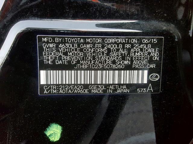 JTHBF1D23F5078260 - 2015 LEXUS IS 250 BLACK photo 10