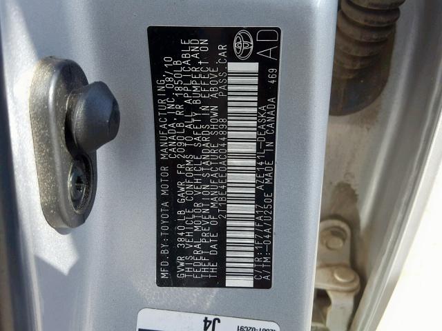 2T1BE4EE0AC044898 - 2010 TOYOTA COROLLA XR SILVER photo 10