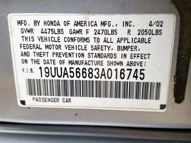 19UUA56683A016745 - 2003 ACURA 3.2TL SILVER photo 10