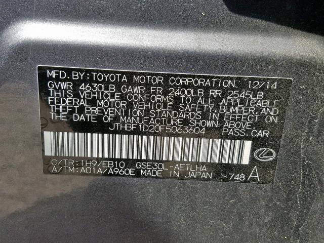 JTHBF1D20F5063604 - 2015 LEXUS IS 250 GRAY photo 10