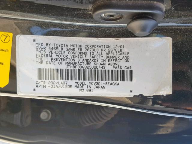 JTHBF30G825020443 - 2002 LEXUS ES 300 BLACK photo 10