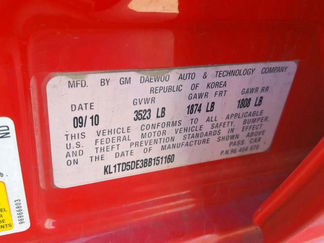 KL1TD5DE3BB151160 - 2011 CHEVROLET AVEO LS RED photo 10