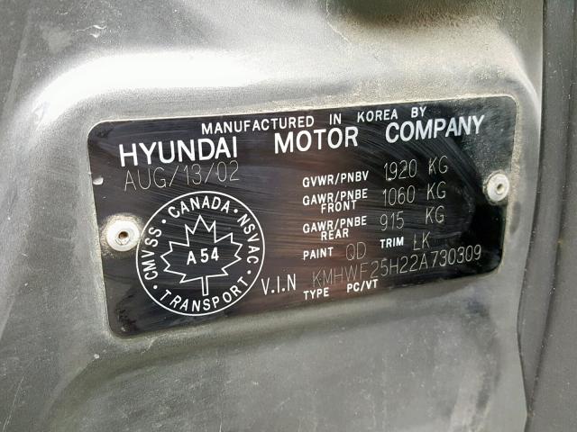 KMHWF25H22A730309 - 2002 HYUNDAI SONATA GL GRAY photo 10