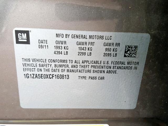 1G1ZA5E0XCF160813 - 2012 CHEVROLET MALIBU LS BROWN photo 10