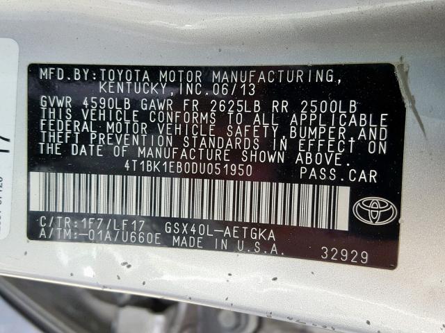 4T1BK1EB0DU051950 - 2013 TOYOTA AVALON BAS SILVER photo 10