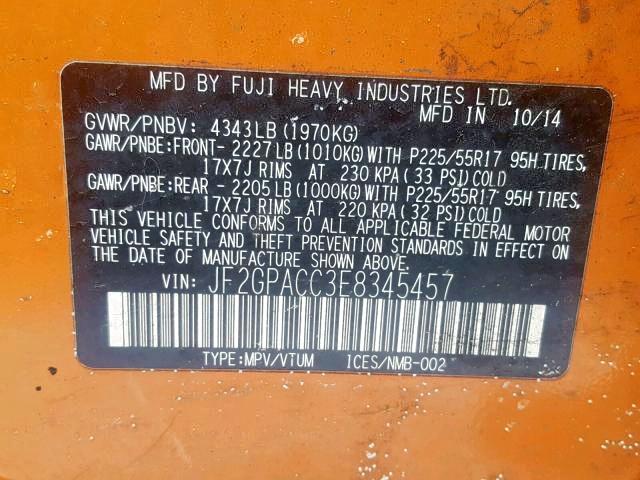 JF2GPACC3E8345457 - 2014 SUBARU XV CROSSTR ORANGE photo 10