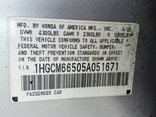 1HGCM66505A051671 - 2005 HONDA ACCORD EX SILVER photo 10