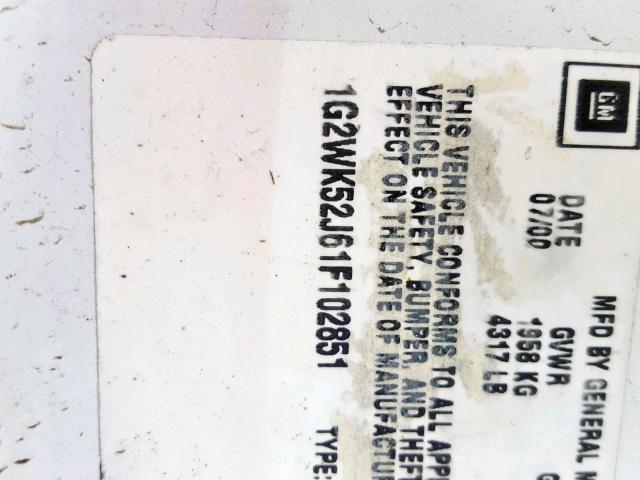 1G2WK52J61F102851 - 2001 PONTIAC GRAND PRIX WHITE photo 10