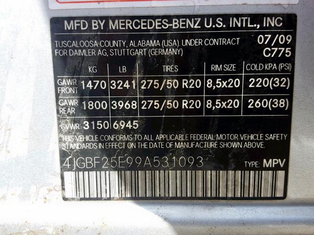 4JGBF25E99A531093 - 2009 MERCEDES-BENZ GL SILVER photo 10