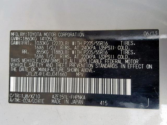 JTLZE4FE4DJ041660 - 2013 TOYOTA SCION XB 银色 照片 10