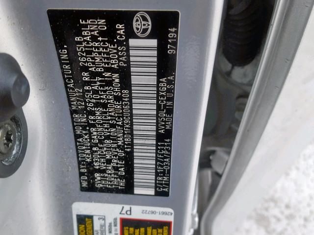 4T1BD1FK9CU063408 - 2012 TOYOTA CAMRY HYBR SILVER photo 10