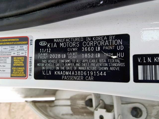 KNADM4A38D6191544 - 2013 KIA RIO LX WHITE photo 10