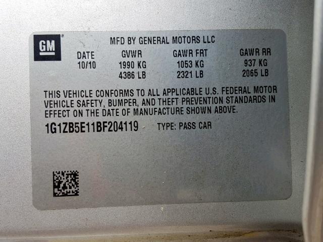 1G1ZB5E11BF204119 - 2011 CHEVROLET MALIBU LS SILVER photo 10