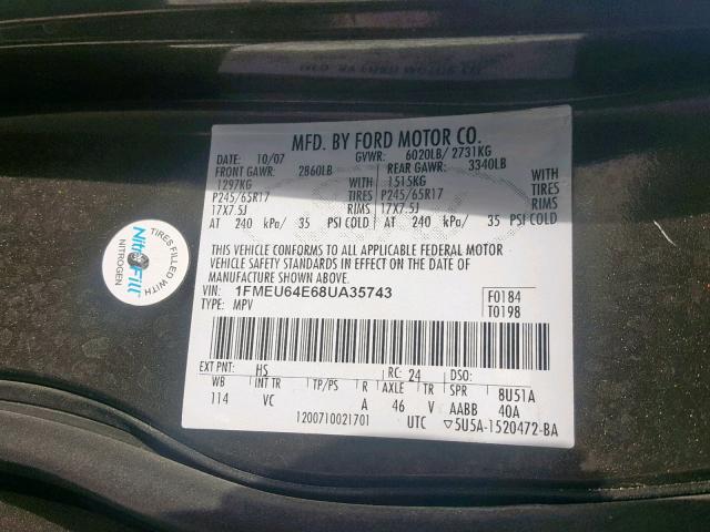 1FMEU64E68UA35743 - 2008 FORD EXPLORER E GRAY photo 10