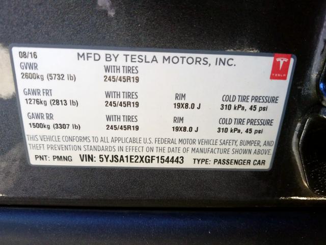 5YJSA1E2XGF154443 - 2016 TESLA MODEL S  photo 10