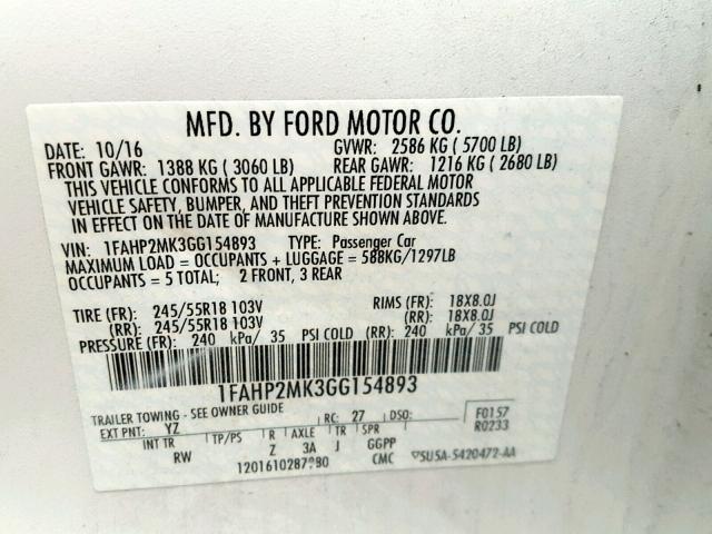 1FAHP2MK3GG154893 - 2016 FORD TAURUS POL WHITE photo 10