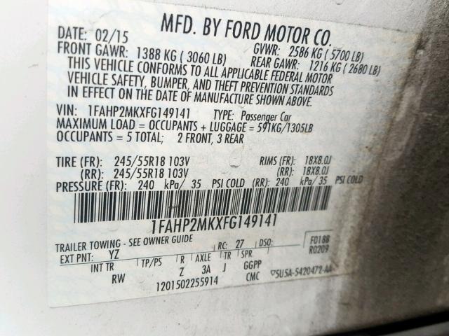 1FAHP2MKXGF149141 - 2016 FORD TAURUS POL WHITE photo 10