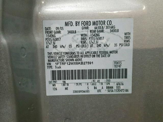 1FTRF12WX6KB27591 - 2006 FORD F150 SILVER photo 10