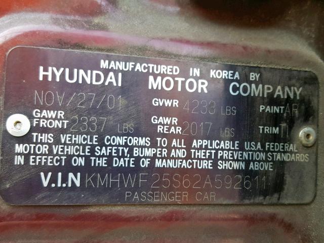 KMHWF25S62A592611 - 2002 HYUNDAI SONATA GL MAROON photo 10