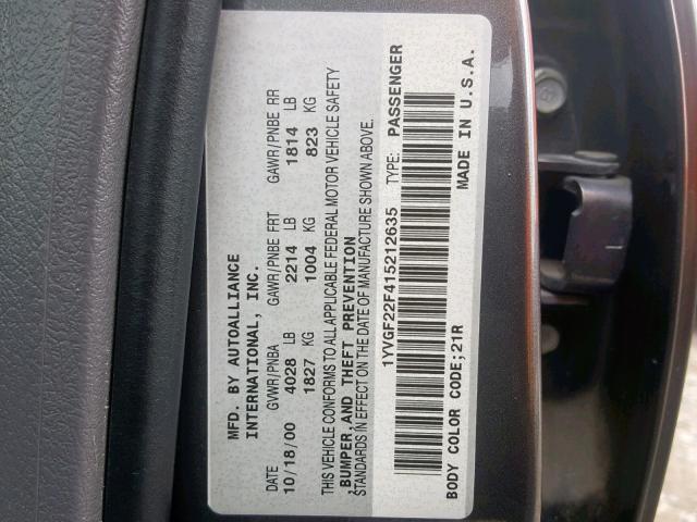 1YVGF22F415212635 - 2001 MAZDA 626 ES GRAY photo 10