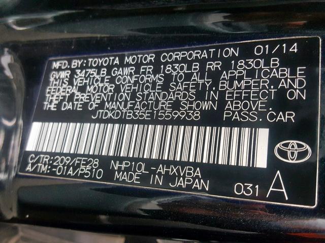 JTDKDTB35E1559938 - 2014 TOYOTA PRIUS C BLACK photo 10