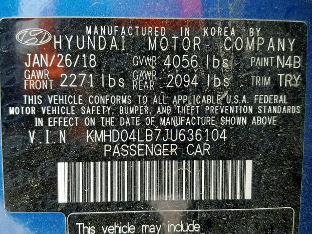 KMHD04LB7JU636104 - 2018 HYUNDAI ELANTRA SP BLUE photo 10