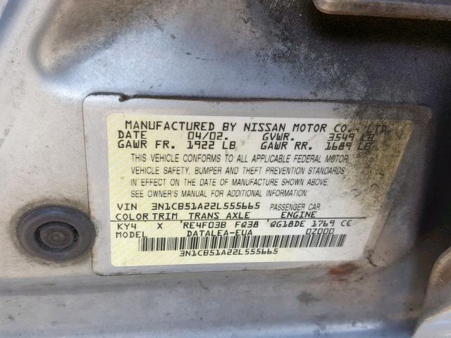 3N1CB51A22L555665 - 2002 NISSAN SENTRA GXE BLUE photo 10