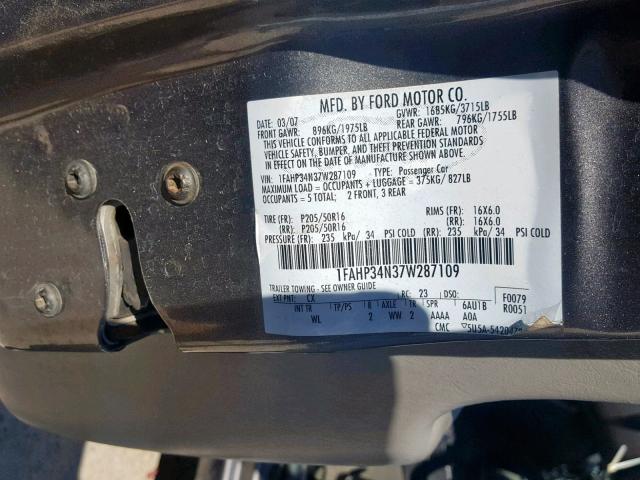 1FAHP34N37W287109 - 2007 FORD FOCUS ZX4 GRAY photo 10