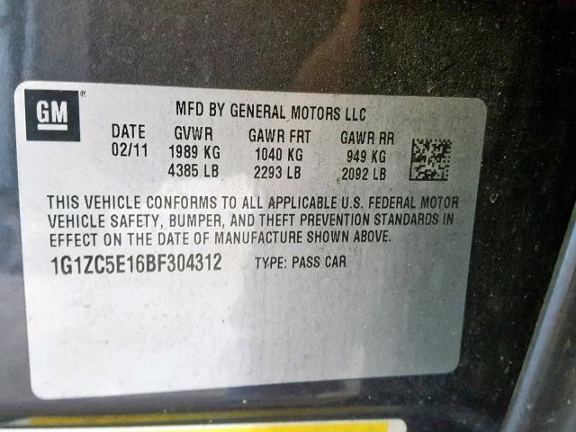 1G1ZC5E16BF304312 - 2011 CHEVROLET MALIBU 1LT BURN photo 10