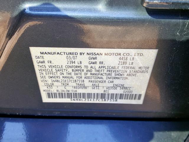 1N4BL21E17C187558 - 2007 NISSAN ALTIMA 3.5 GRAY photo 10