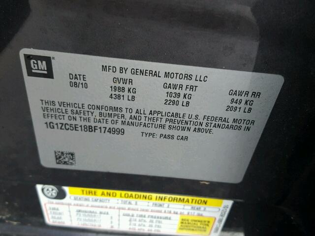 1G1ZC5E18BF174999 - 2011 CHEVROLET MALIBU 1LT CHARCOAL photo 10