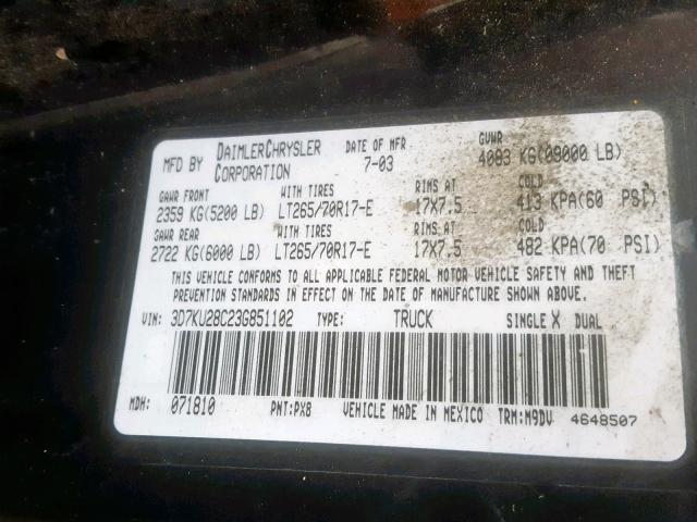 3D7KU28C23G851102 - 2003 DODGE RAM 2500 S შავი ფოტო 10