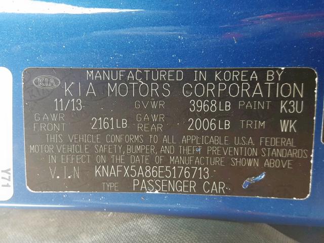 KNAFX5A86E5176713 - 2014 KIA FORTE EX BLUE photo 10