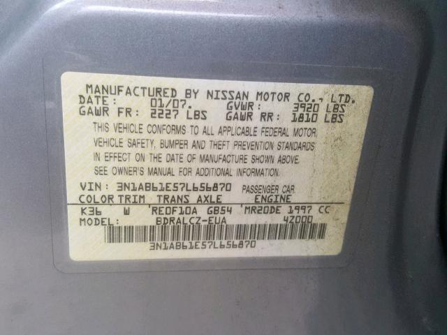 3N1AB61E57L656870 - 2007 NISSAN SENTRA 2.0 BLUE photo 10