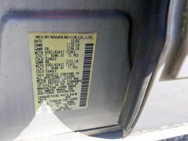 1N6AD07U56C405308 - 2006 NISSAN FRONTIER C SILVER photo 10