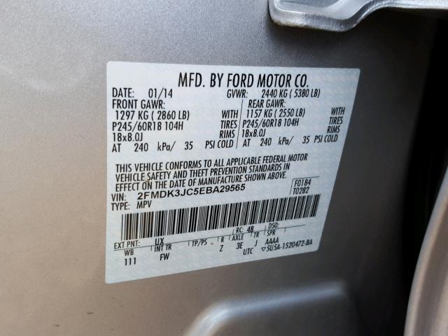 2FMDK3JC5EBA29565 - 2014 FORD EDGE SEL SILVER photo 10