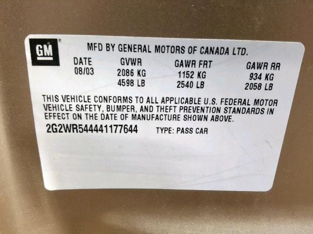 2G2WR544441177644 - 2004 PONTIAC GRAND PRIX GOLD photo 10