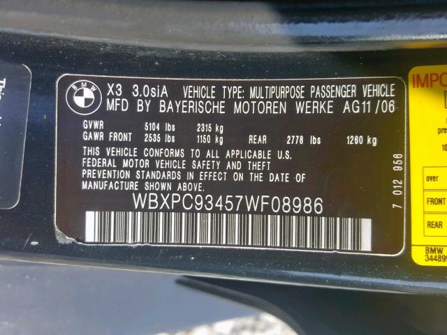 WBXPC93457WF08986 - 2007 BMW X3 3.0SI BLACK photo 10