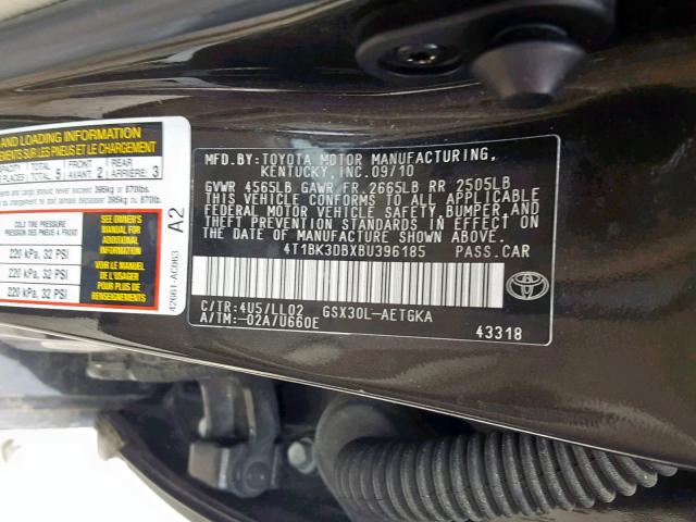 4T1BK3DBXBU396185 - 2011 TOYOTA AVALON BAS BLACK photo 10