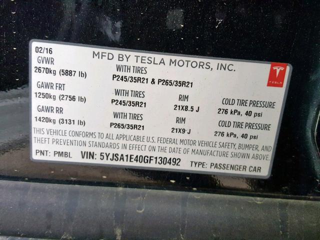 5YJSA1E40GF130492 - 2016 TESLA MODEL S Qara foto 10