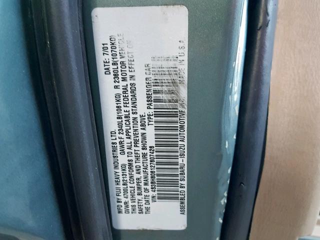 4S3BH806127607426 - 2002 SUBARU LEGACY OUT GREEN photo 10