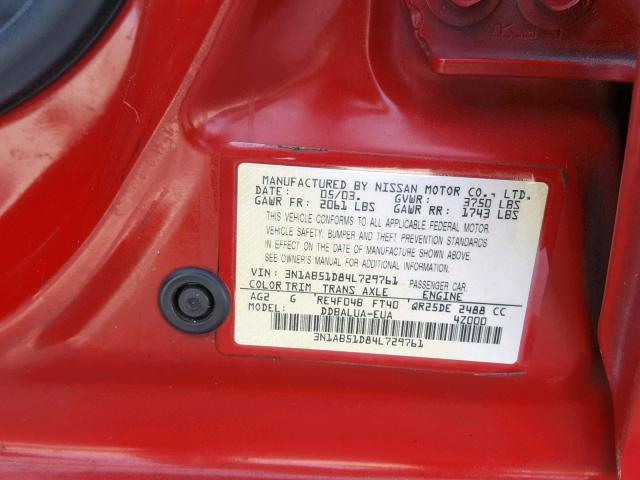 3N1AB51D84L729761 - 2004 NISSAN SENTRA SE- RED photo 10