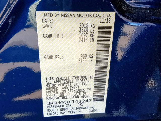 1N4BL4CW3KC143247 - 2019 NISSAN ALTIMA SR BLUE photo 10