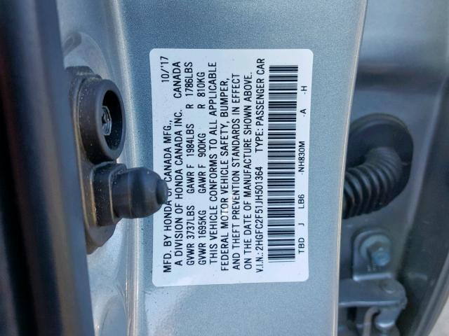 2HGFC2F51JH501364 - 2018 HONDA CIVIC LX SILVER photo 10