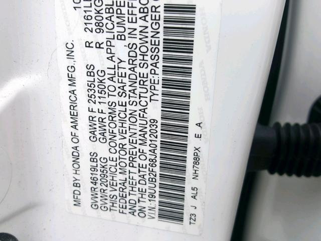 19UUB2F68JA012039 - 2018 ACURA TLX TECH+A თეთრი ფოტო 10