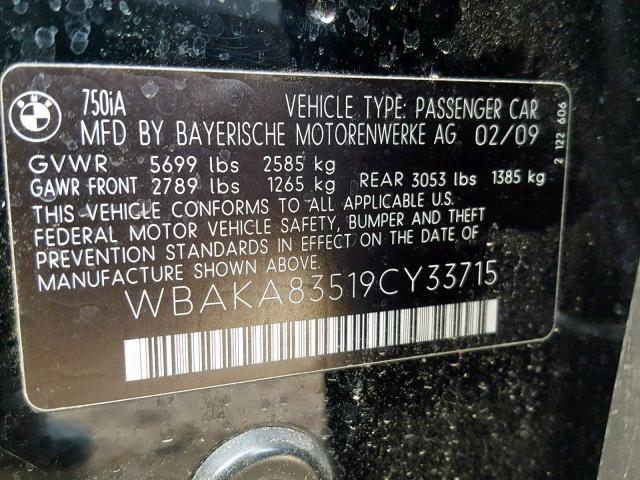 WBAKA83519CY33715 - 2009 BMW 750 I BLACK photo 10