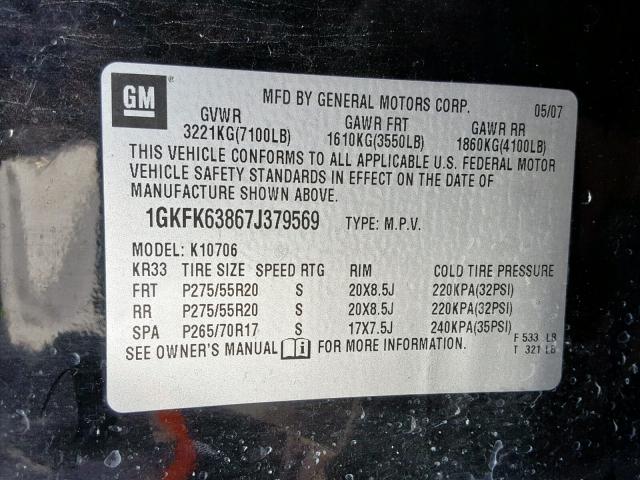 1GKFK63867J379569 - 2007 GMC YUKON DENA BLACK photo 10