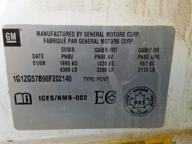 1G1ZG57B98F202148 - 2008 CHEVROLET MALIBU LS WHITE photo 10